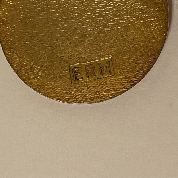 SIGNED ERM EARRINGS PINK DOUBLE PHOENIX BLUE STRIPE GOLD TONE CIRCLE DROP WIRE - Picture 8 of 8